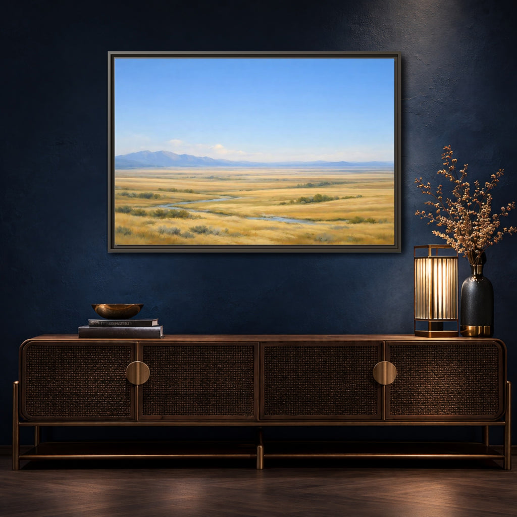 Mockup 4. Nature Prairie Landscape Blue And Gold shown as stretched canvas wall art