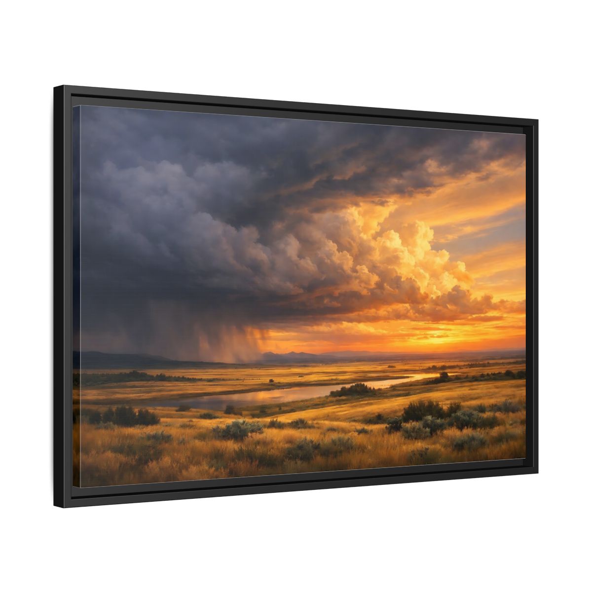 Side Mockup 14. Nature Prairie Landscape Golden Hour Storm shown as stretched canvas wall art