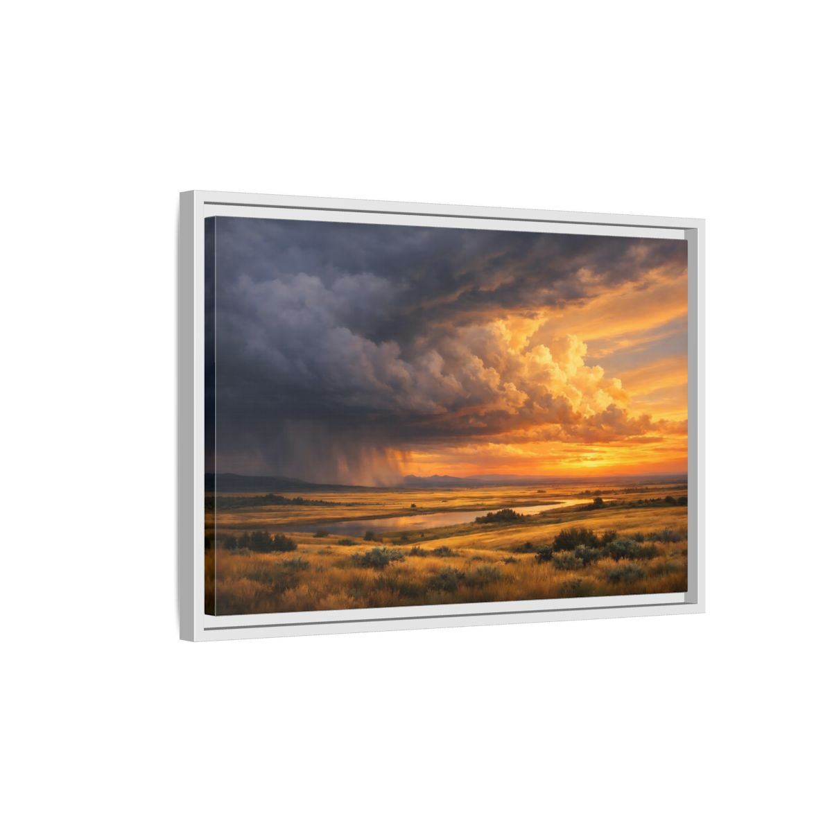 Side Mockup 1. Nature Prairie Landscape Golden Hour Storm shown as stretched canvas wall art