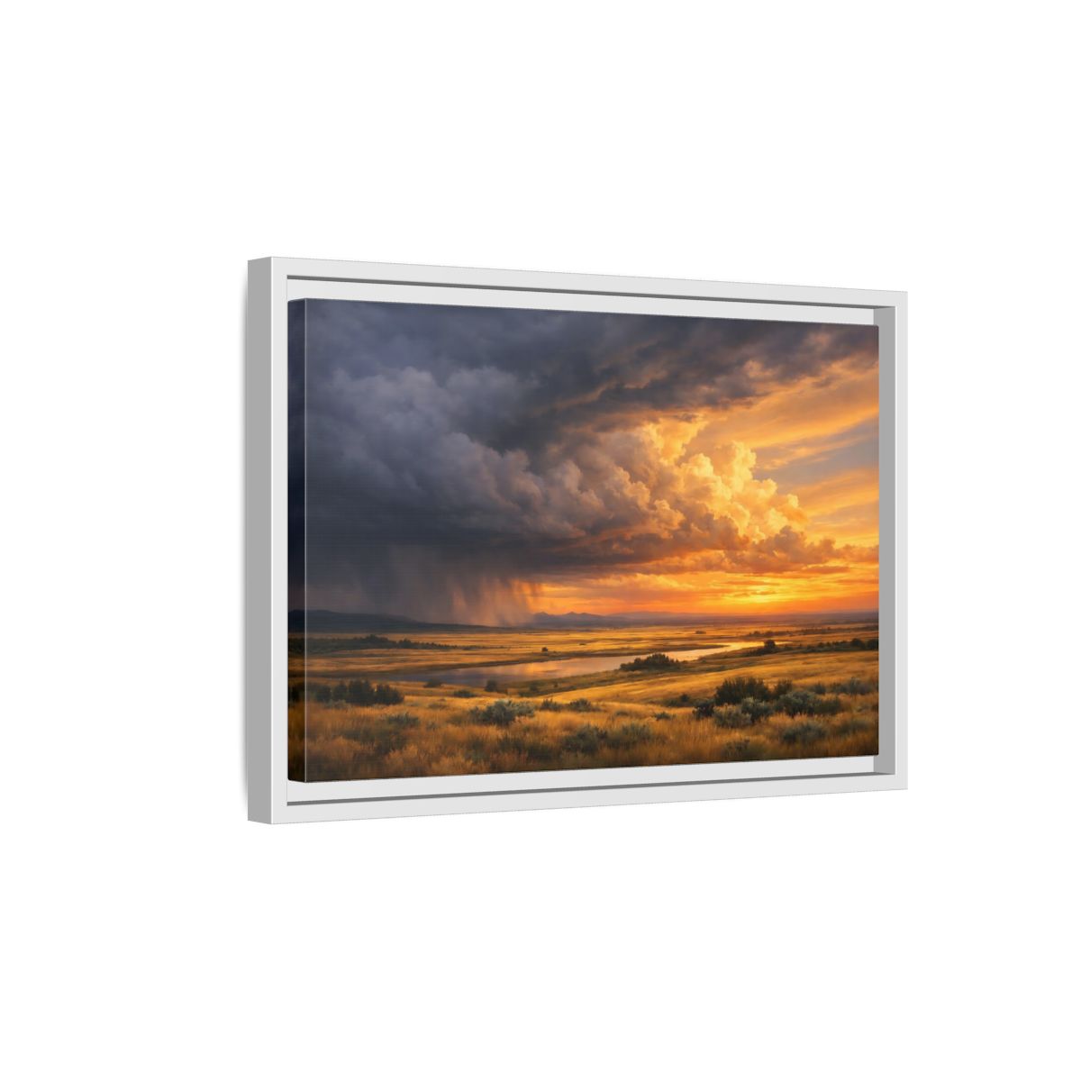 Side Mockup 4. Nature Prairie Landscape Golden Hour Storm shown as stretched canvas wall art
