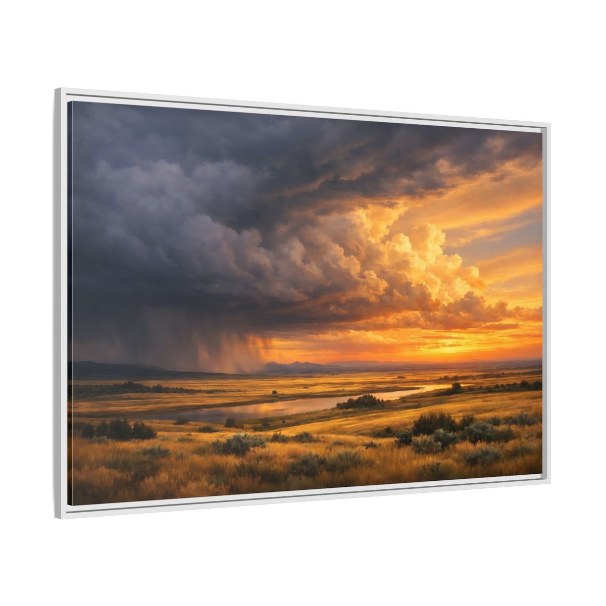 Side Mockup 7. Nature Prairie Landscape Golden Hour Storm shown as stretched canvas wall art