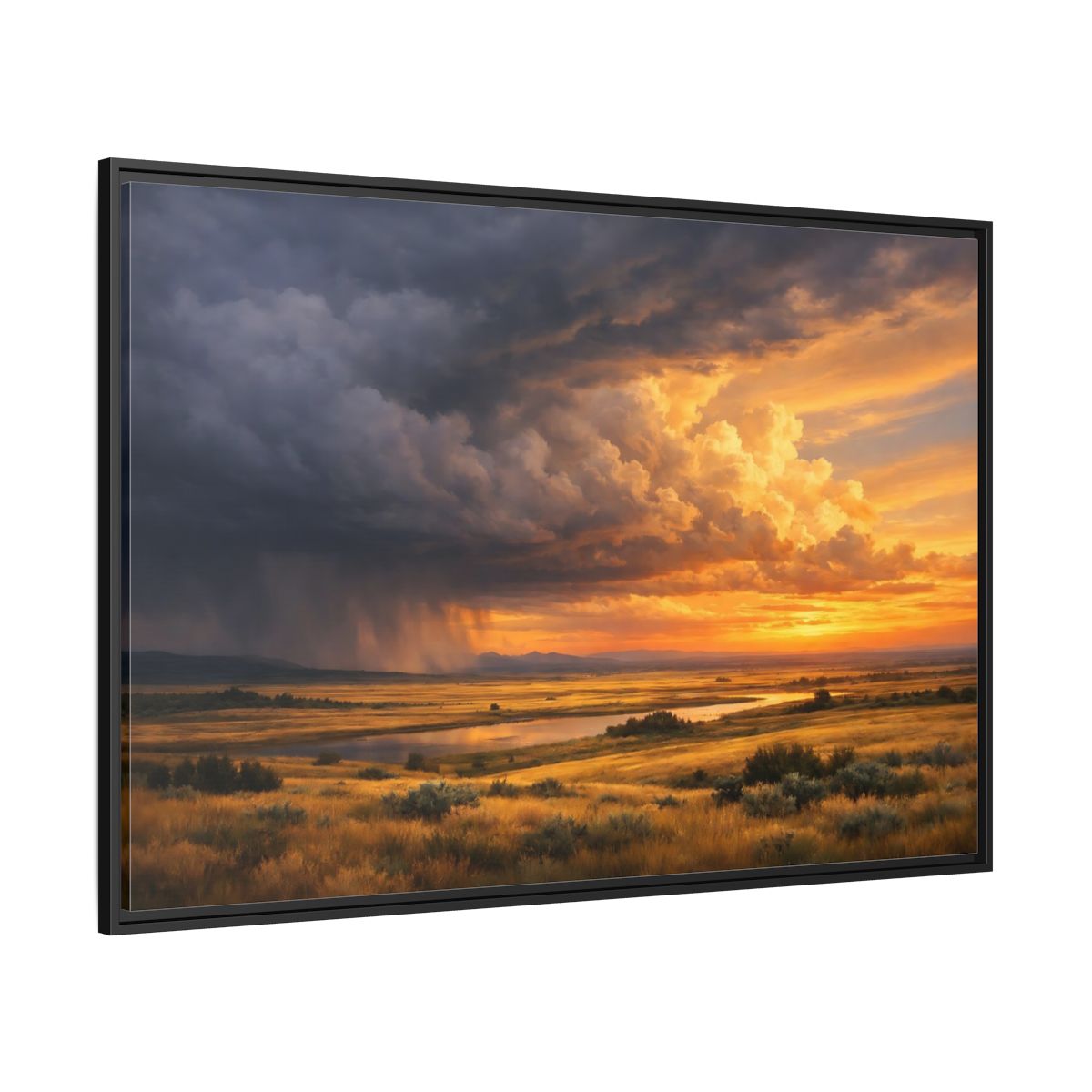 Side Mockup 12. Nature Prairie Landscape Golden Hour Storm shown as stretched canvas wall art