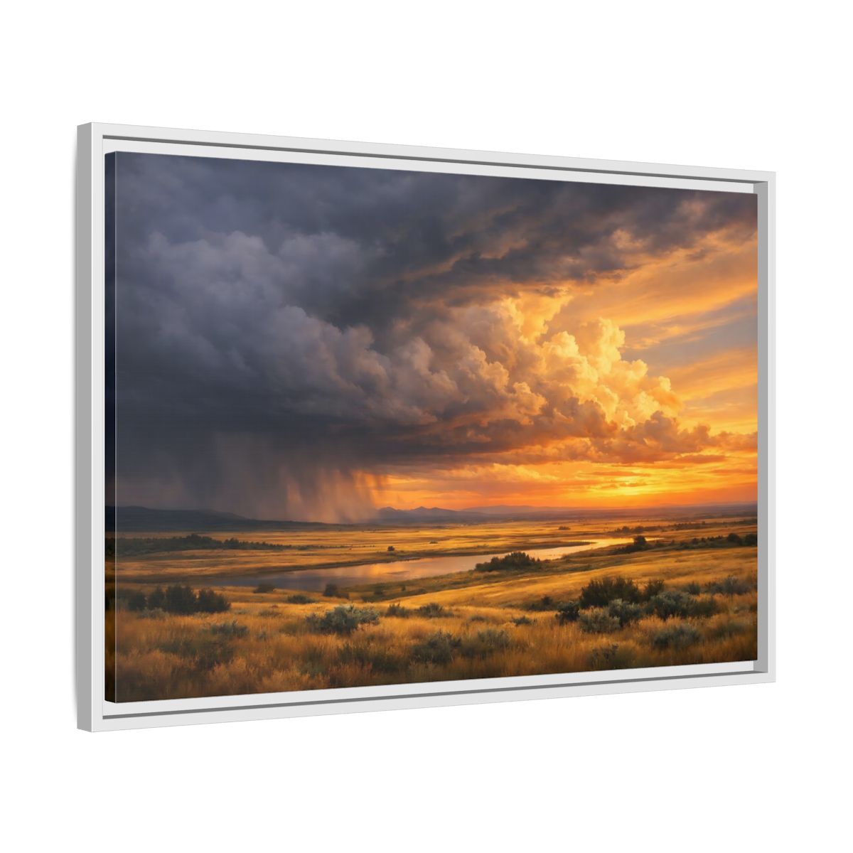 Side Mockup 10. Nature Prairie Landscape Golden Hour Storm shown as stretched canvas wall art