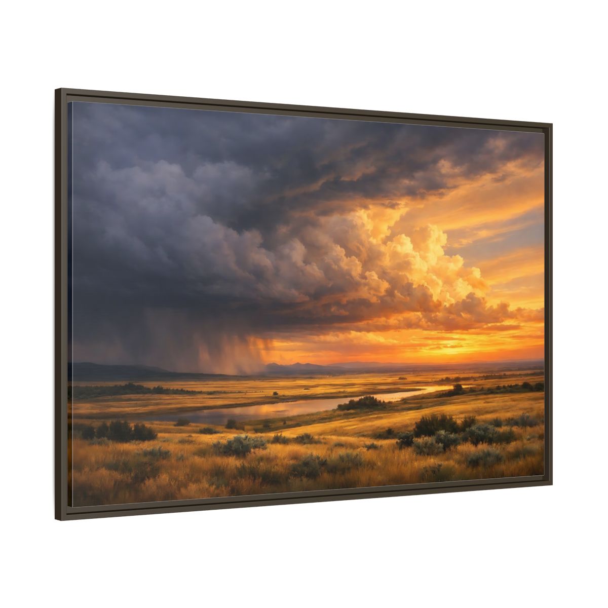 Side Mockup 8. Nature Prairie Landscape Golden Hour Storm shown as stretched canvas wall art