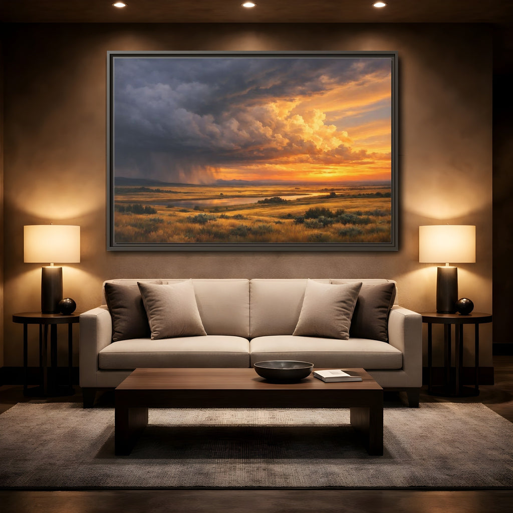 Mockup 2. Nature Prairie Landscape Golden Hour Storm shown as stretched canvas wall art