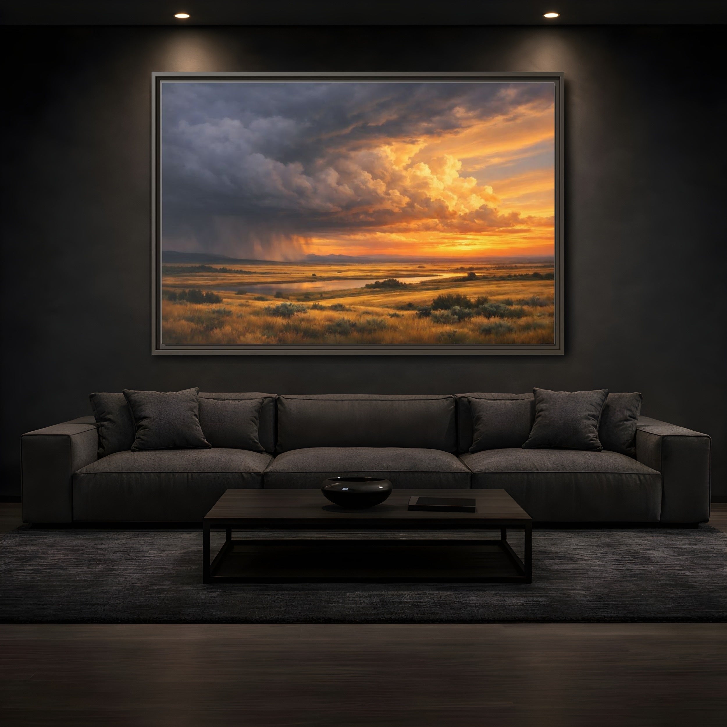 Mockup 3. Nature Prairie Landscape Golden Hour Storm shown as stretched canvas wall art