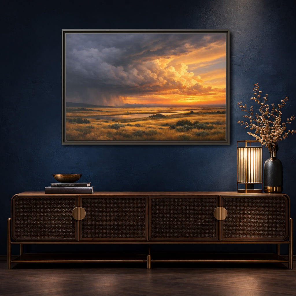 Mockup 4. Nature Prairie Landscape Golden Hour Storm shown as stretched canvas wall art