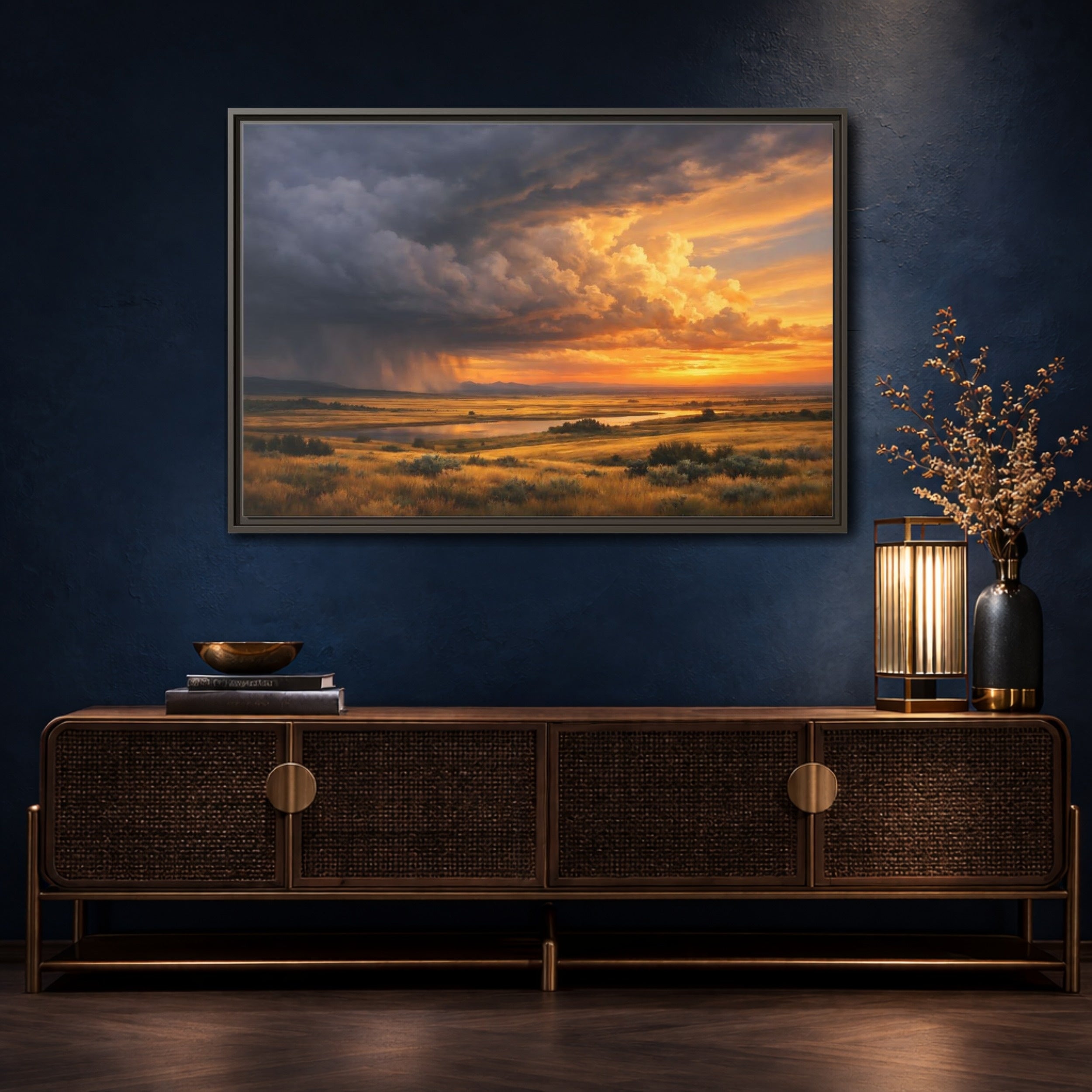 Mockup 4. Nature Prairie Landscape Golden Hour Storm shown as stretched canvas wall art