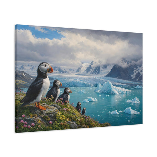 Main Mockup. Nature Puffins Blue Arctic shown as stretched canvas wall art