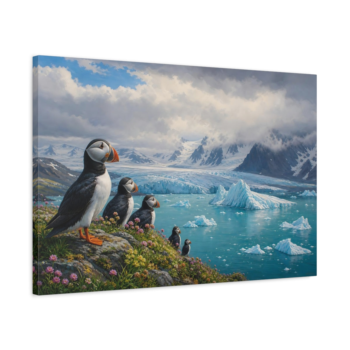 Side Mockup 2. Nature Puffins Blue Arctic shown as stretched canvas wall art