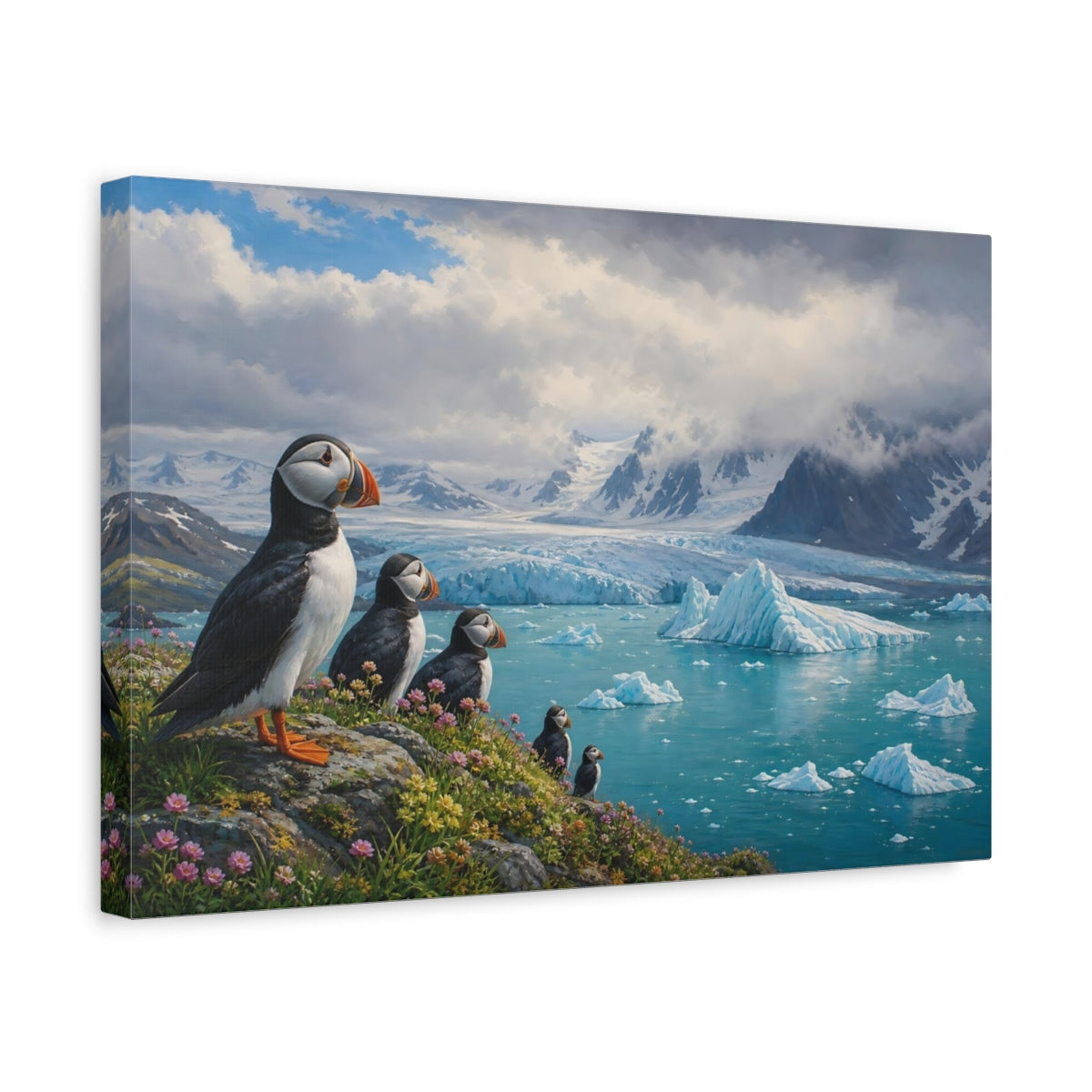 Side Mockup 4. Nature Puffins Blue Arctic shown as stretched canvas wall art