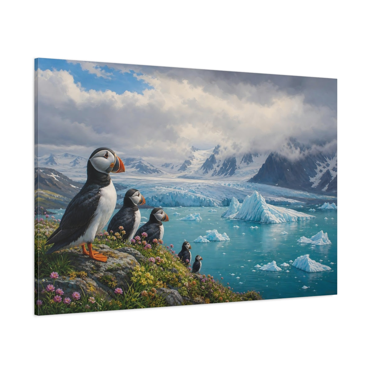 Side Mockup 1. Nature Puffins Blue Arctic shown as stretched canvas wall art