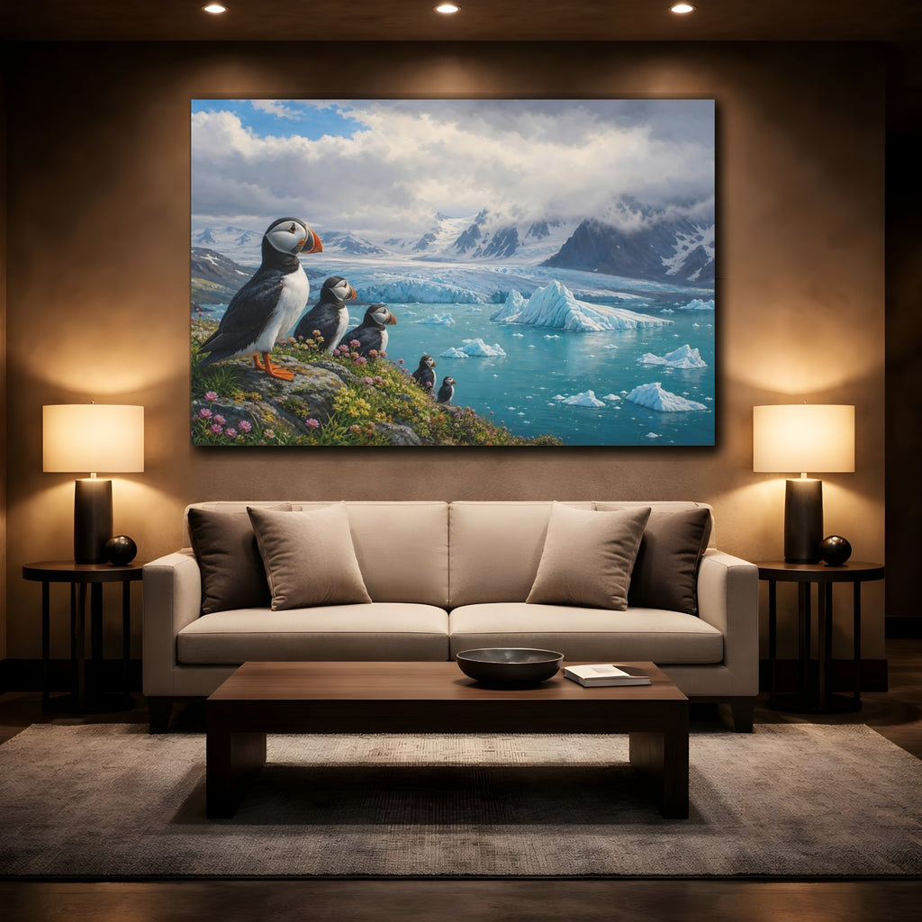 Mockup 2. Nature Puffins Blue Arctic shown as stretched canvas wall art