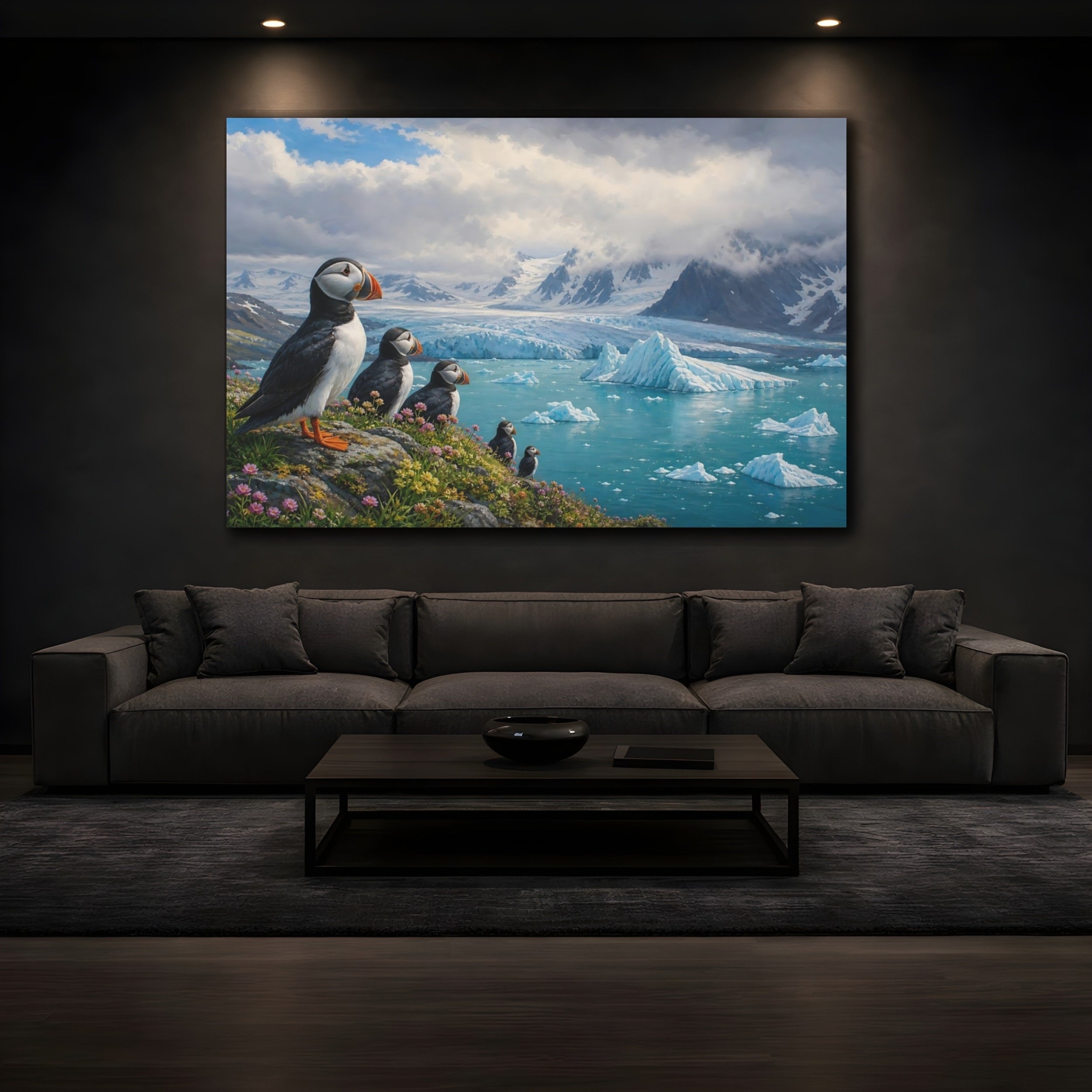 Mockup 3. Nature Puffins Blue Arctic shown as stretched canvas wall art