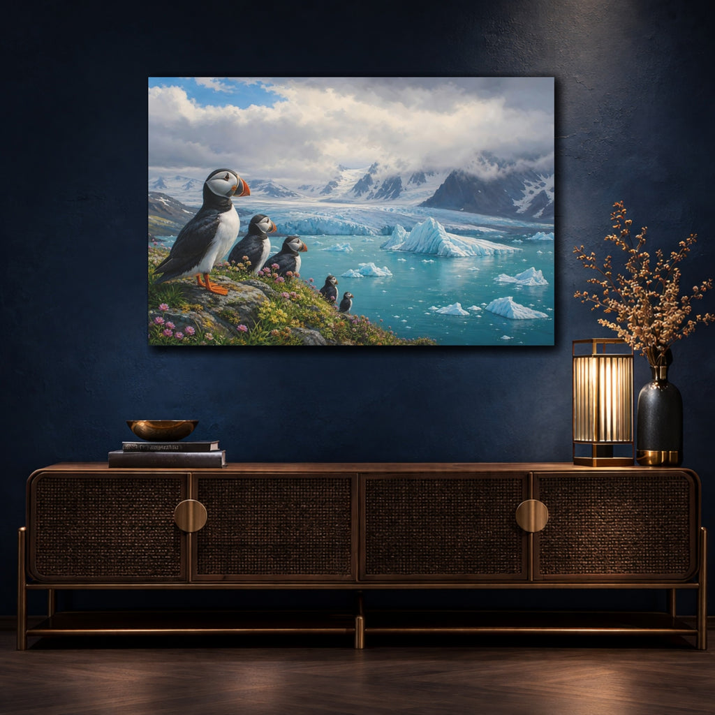 Mockup 4. Nature Puffins Blue Arctic shown as stretched canvas wall art