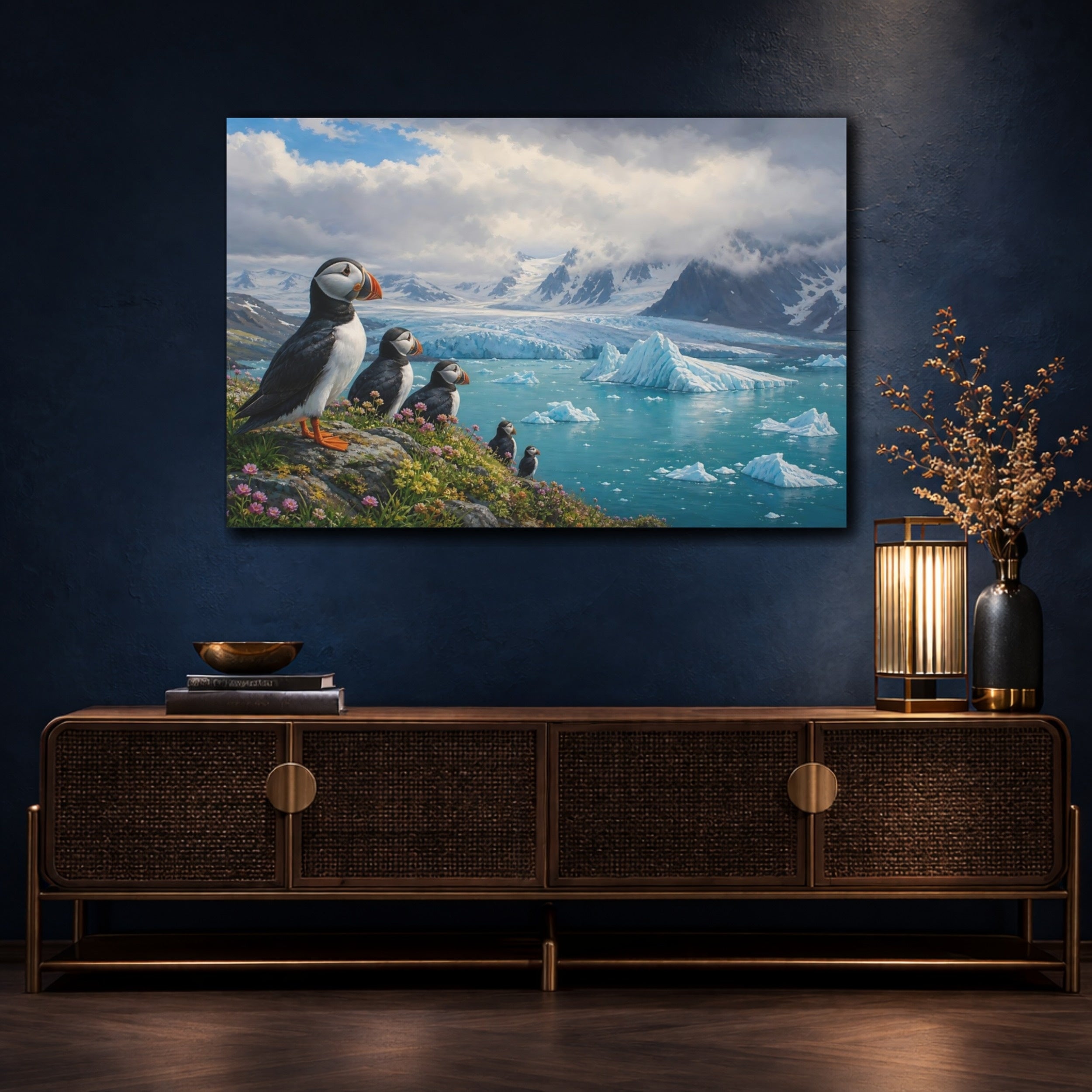 Mockup 4. Nature Puffins Blue Arctic shown as stretched canvas wall art