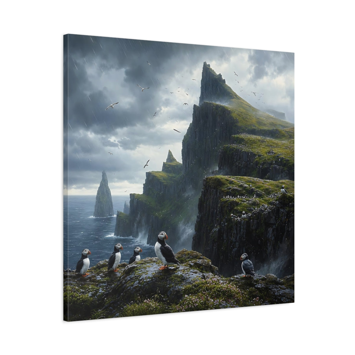 Main Mockup. Nature Puffins Grey Green Landscape shown as stretched canvas wall art