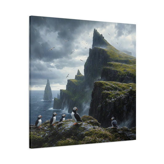 Main Mockup. Nature Puffins Grey Green Landscape shown as stretched canvas wall art