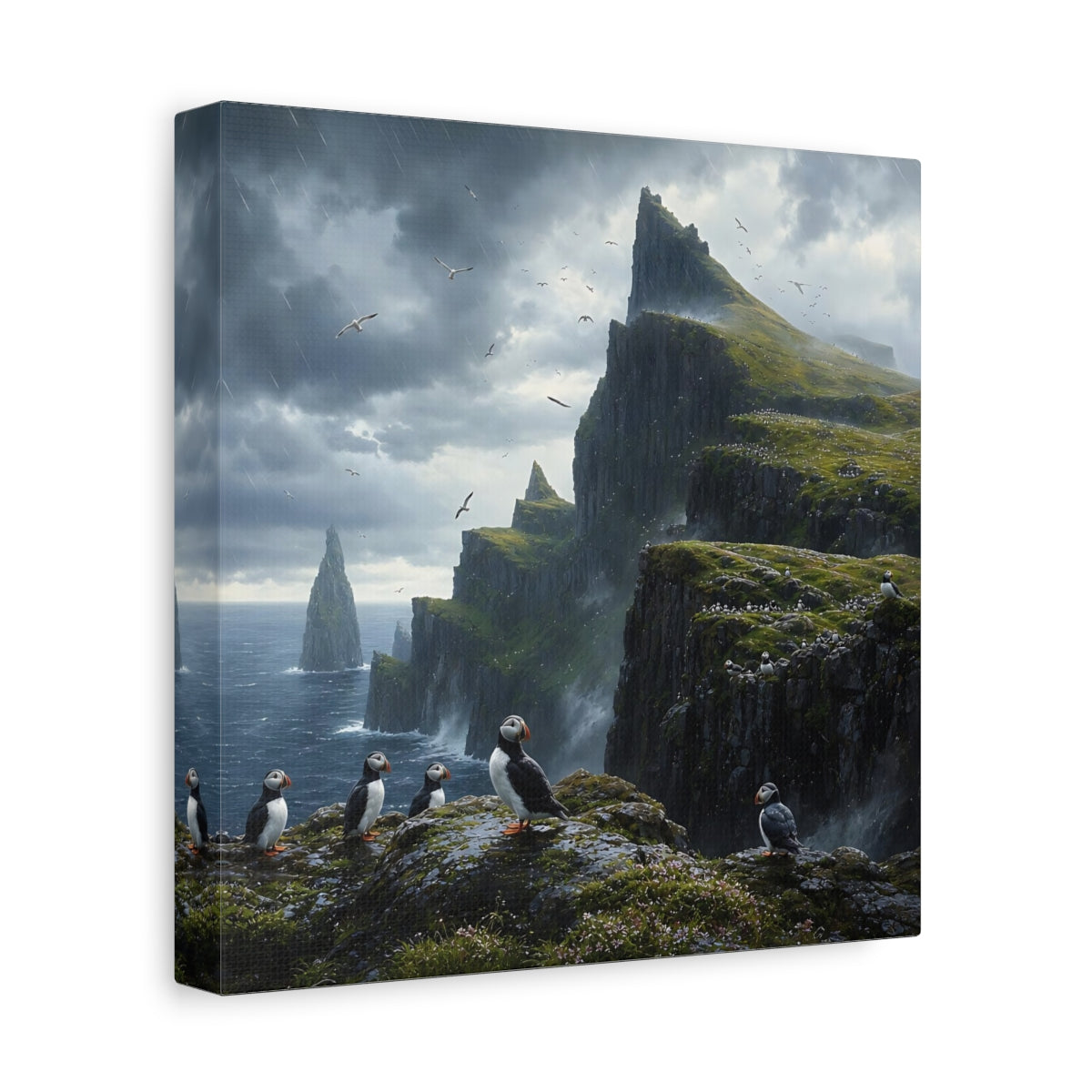Side Mockup 9. Nature Puffins Grey Green Landscape shown as stretched canvas wall art