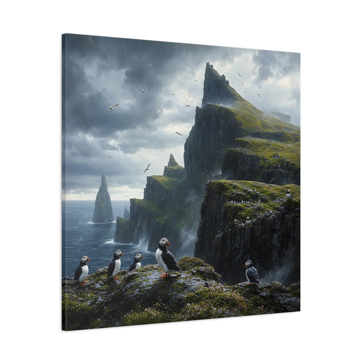 Side Mockup 1. Nature Puffins Grey Green Landscape shown as stretched canvas wall art