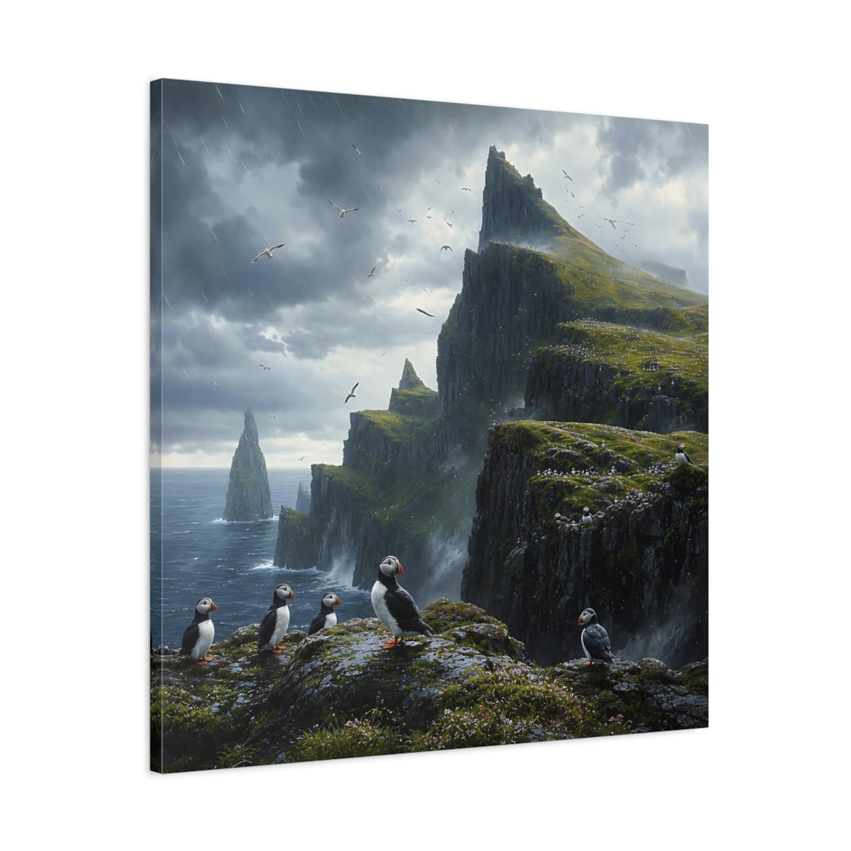 Side Mockup 3. Nature Puffins Grey Green Landscape shown as stretched canvas wall art