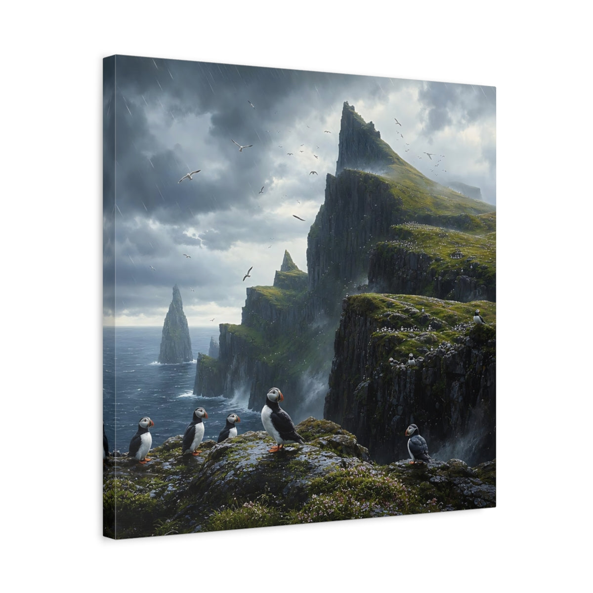 Side Mockup 5. Nature Puffins Grey Green Landscape shown as stretched canvas wall art