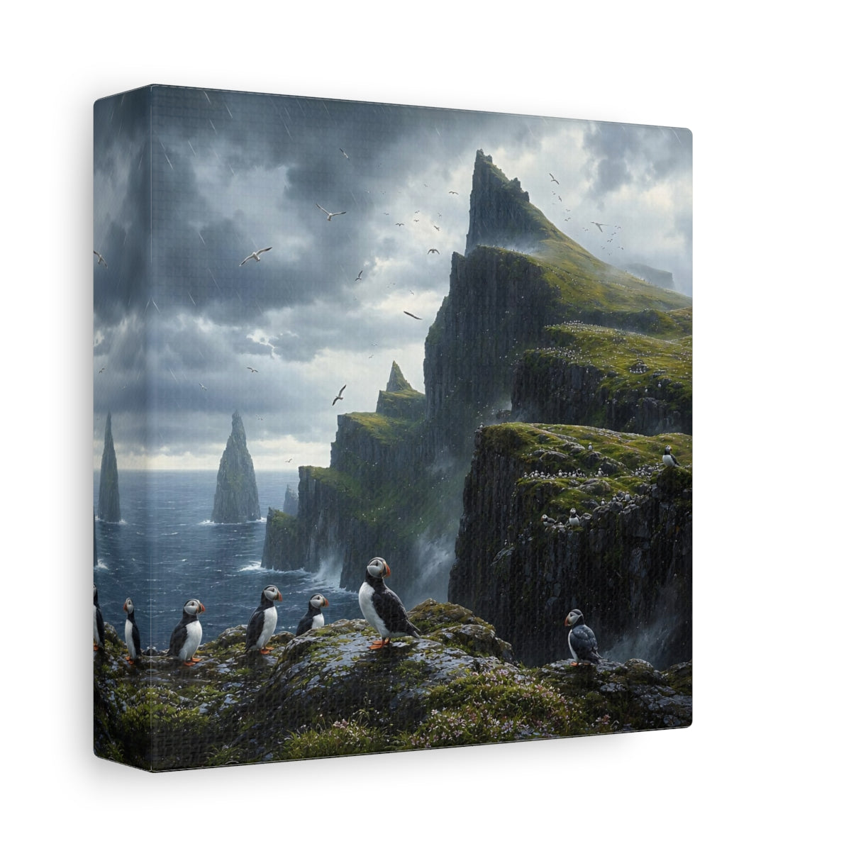 Side Mockup 2. Nature Puffins Grey Green Landscape shown as stretched canvas wall art