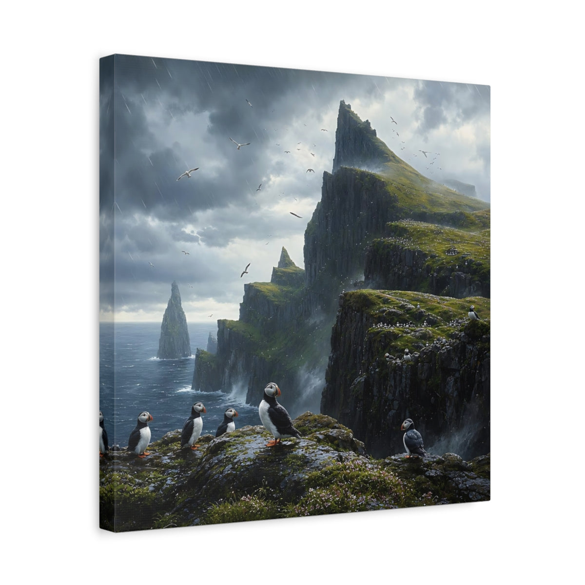 Side Mockup 6. Nature Puffins Grey Green Landscape shown as stretched canvas wall art