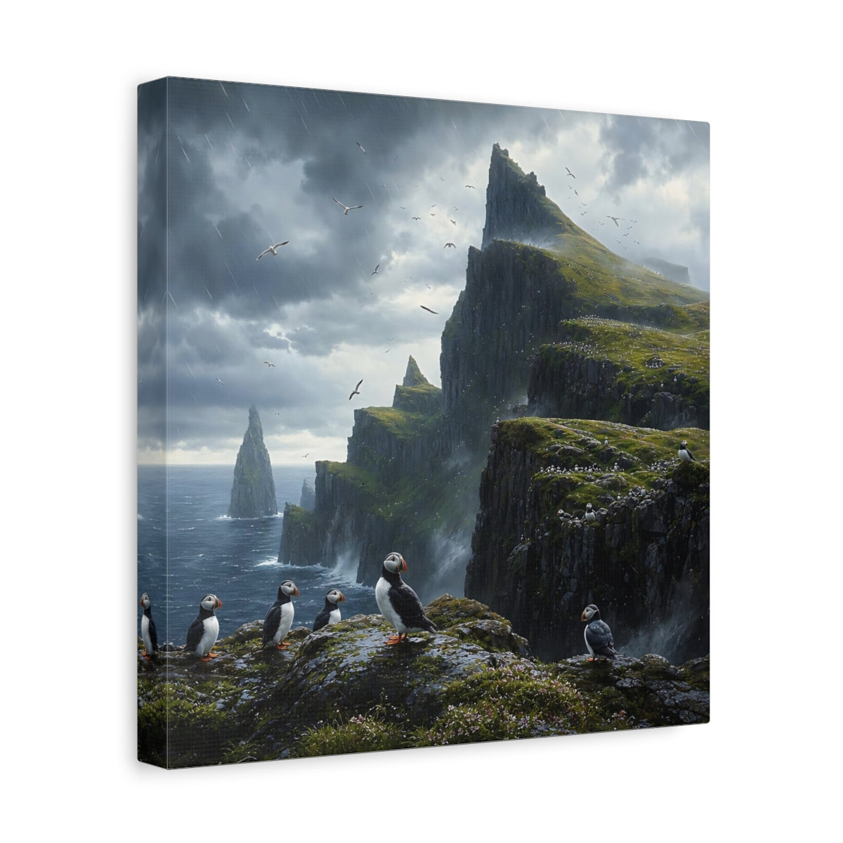 Side Mockup 8. Nature Puffins Grey Green Landscape shown as stretched canvas wall art