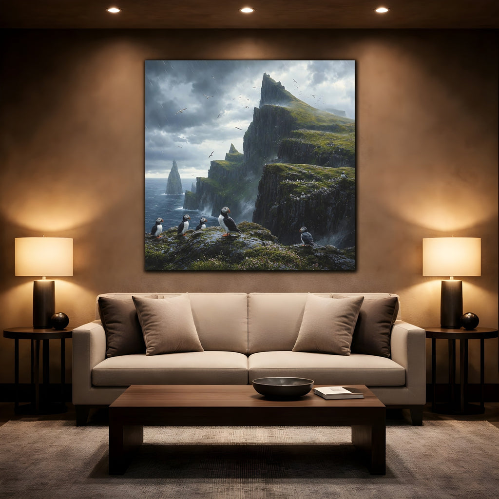 Mockup 2. Nature Puffins Grey Green Landscape shown as stretched canvas wall art