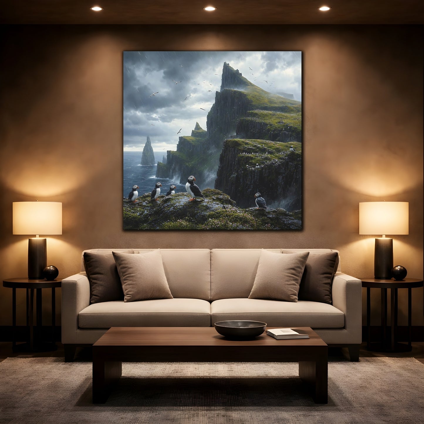 Mockup 2. Nature Puffins Grey Green Landscape shown as stretched canvas wall art