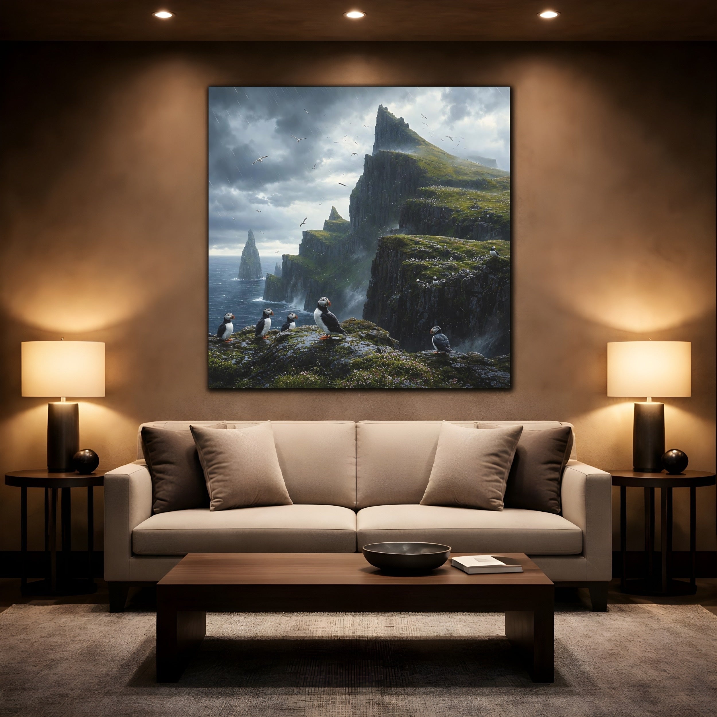 Mockup 2. Nature Puffins Grey Green Landscape shown as stretched canvas wall art
