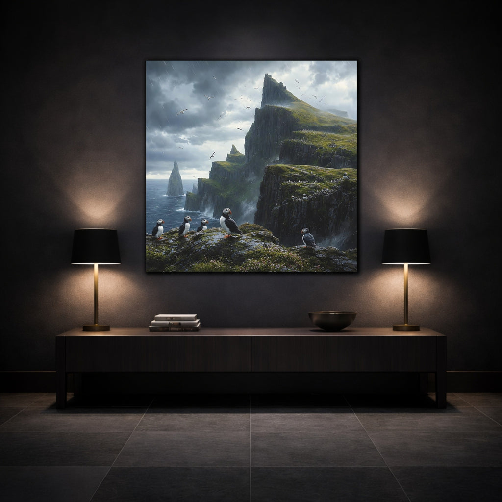 Mockup 3. Nature Puffins Grey Green Landscape shown as stretched canvas wall art
