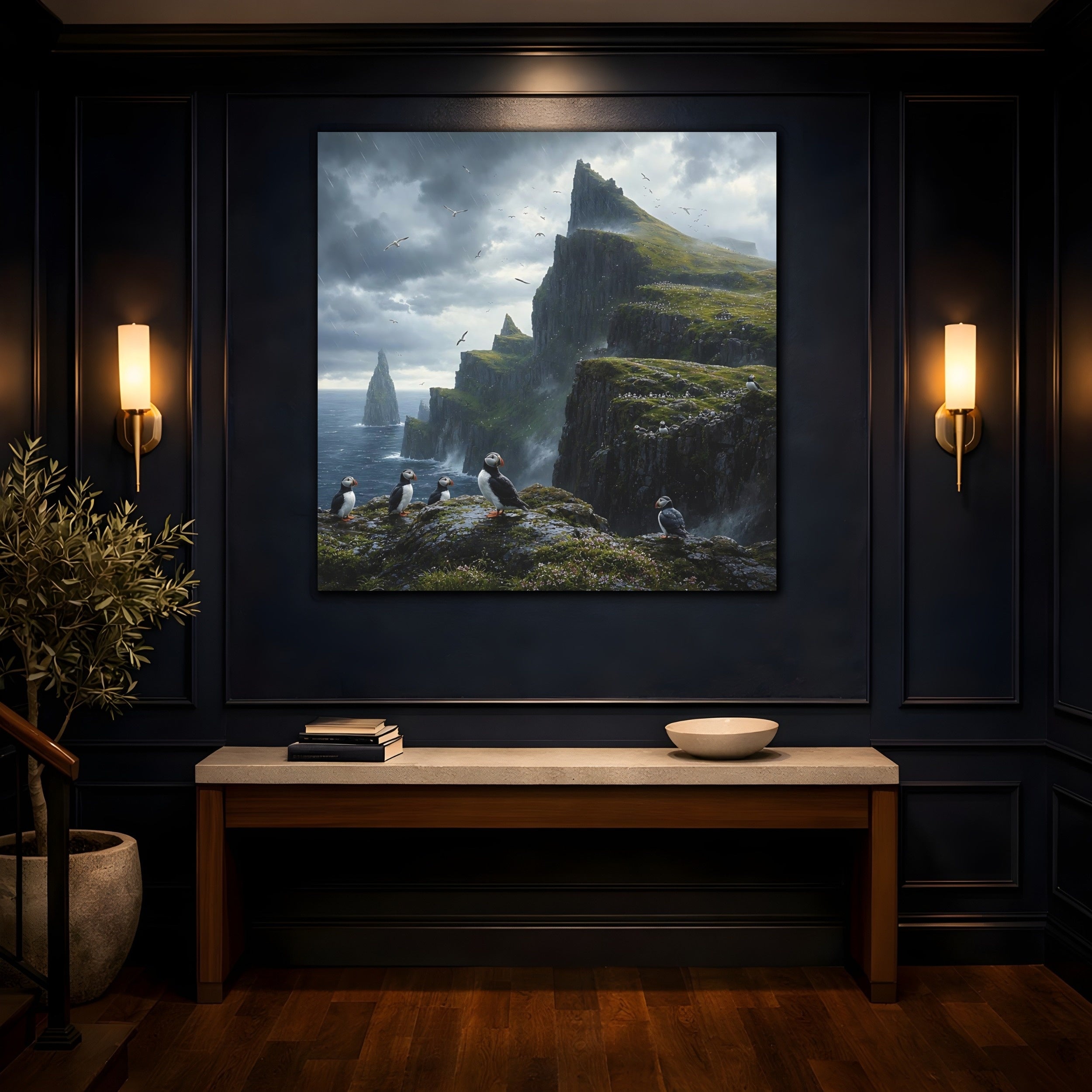 Mockup 4. Nature Puffins Grey Green Landscape shown as stretched canvas wall art