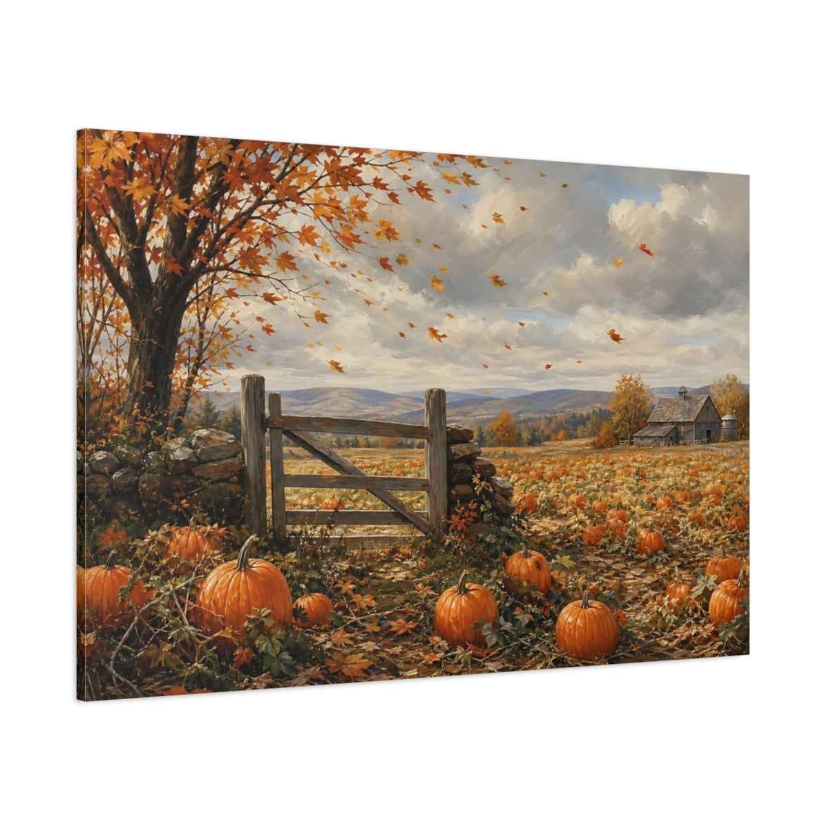 Side Mockup 1. Nature Pumpkin Field Autumn Pumpkin Farm shown as stretched canvas wall art
