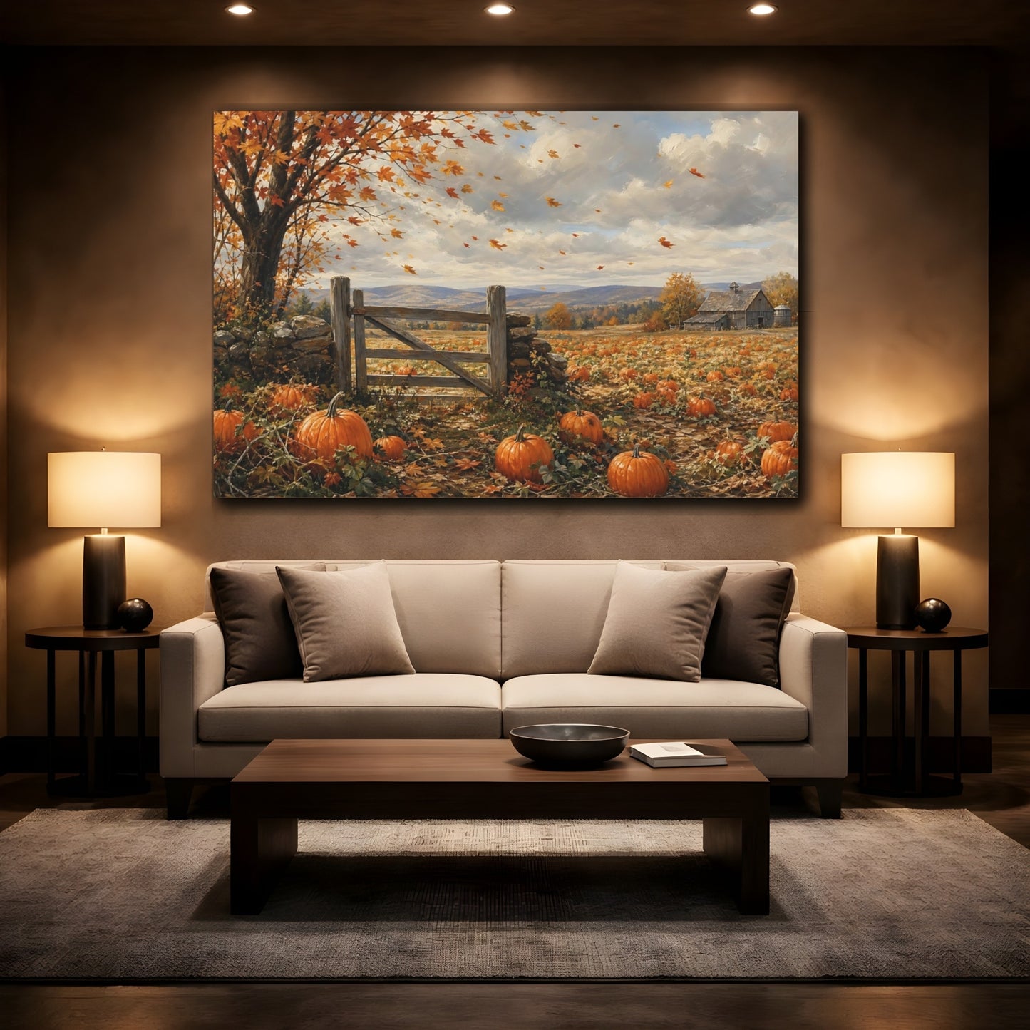 Mockup 2. Nature Pumpkin Field Autumn Pumpkin Farm shown as stretched canvas wall art