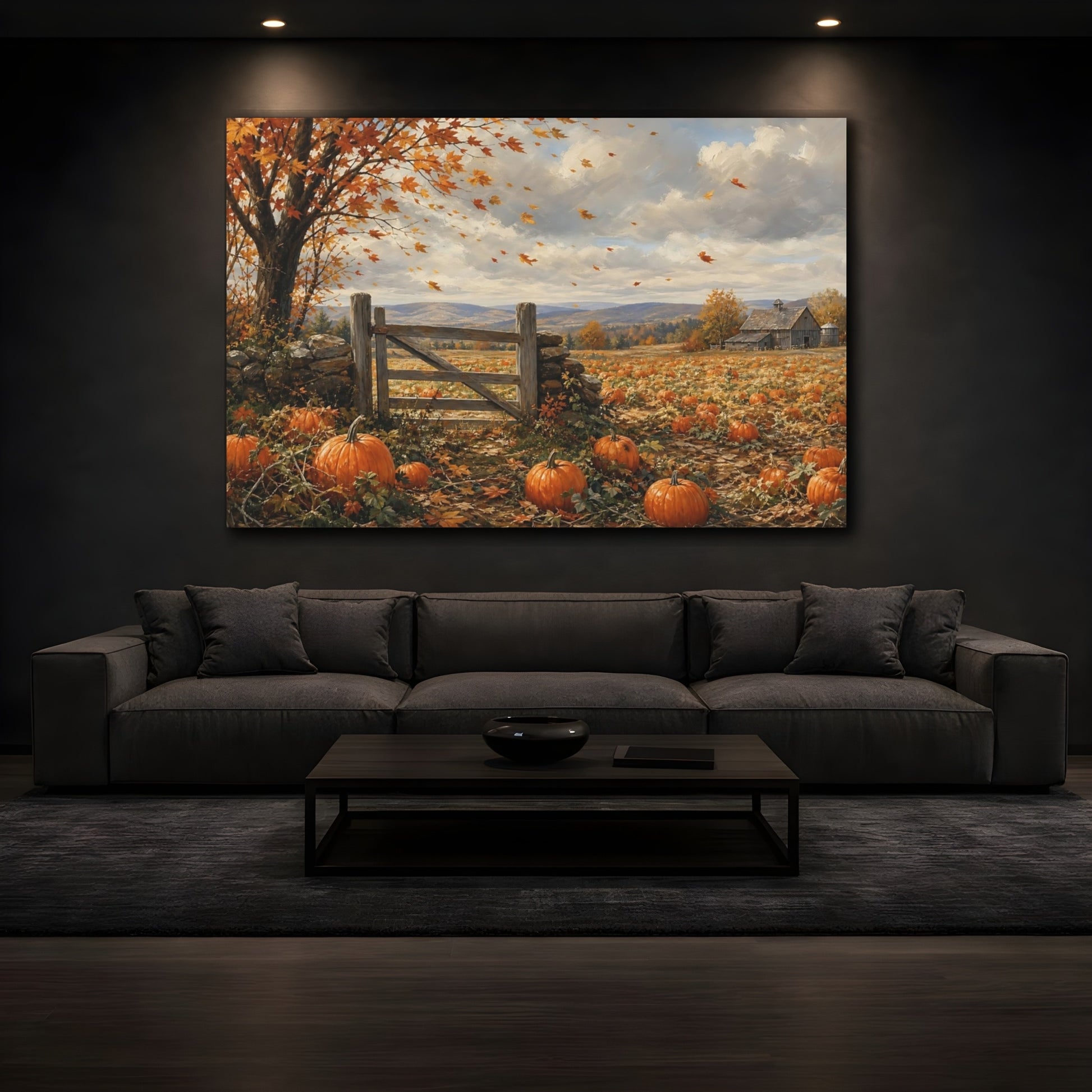 Mockup 3. Nature Pumpkin Field Autumn Pumpkin Farm shown as stretched canvas wall art