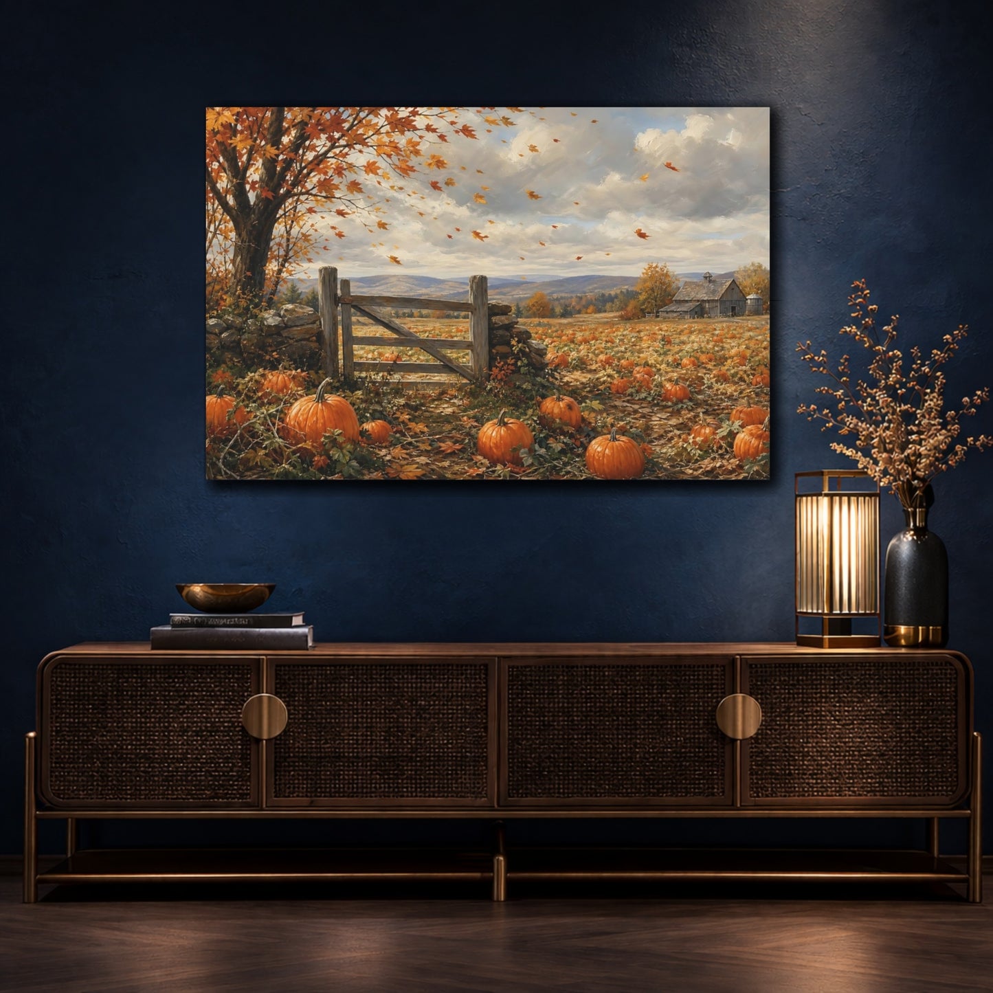 Mockup 4. Nature Pumpkin Field Autumn Pumpkin Farm shown as stretched canvas wall art