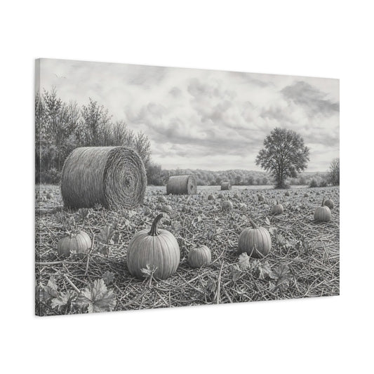 Main Mockup. Nature Pumpkin Field Grey Farm Landscape shown as stretched canvas wall art