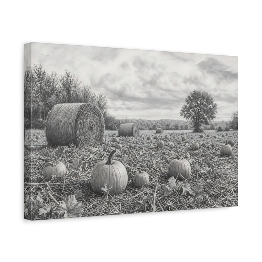 Side Mockup 4. Nature Pumpkin Field Grey Farm Landscape shown as stretched canvas wall art