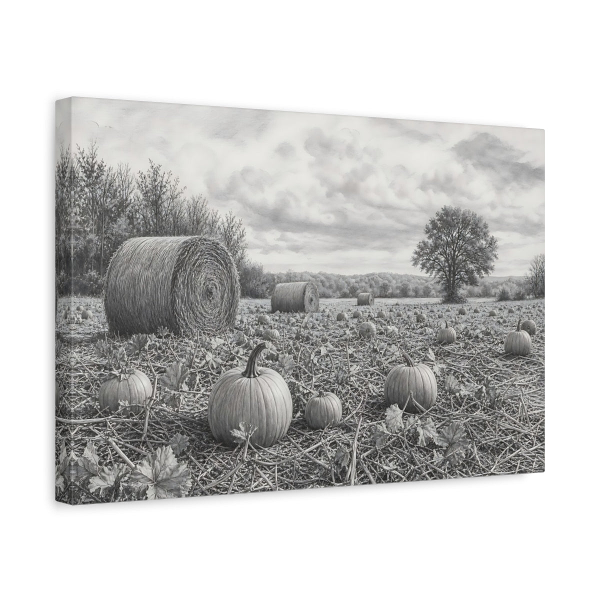 Side Mockup 4. Nature Pumpkin Field Grey Farm Landscape shown as stretched canvas wall art