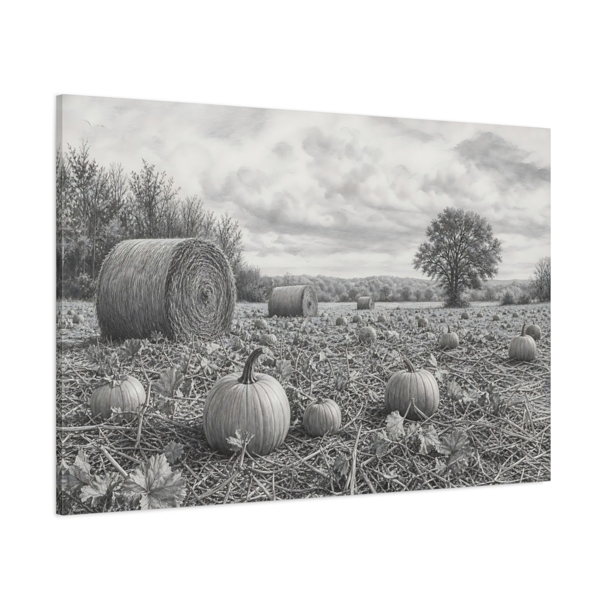 Side Mockup 1. Nature Pumpkin Field Grey Farm Landscape shown as stretched canvas wall art