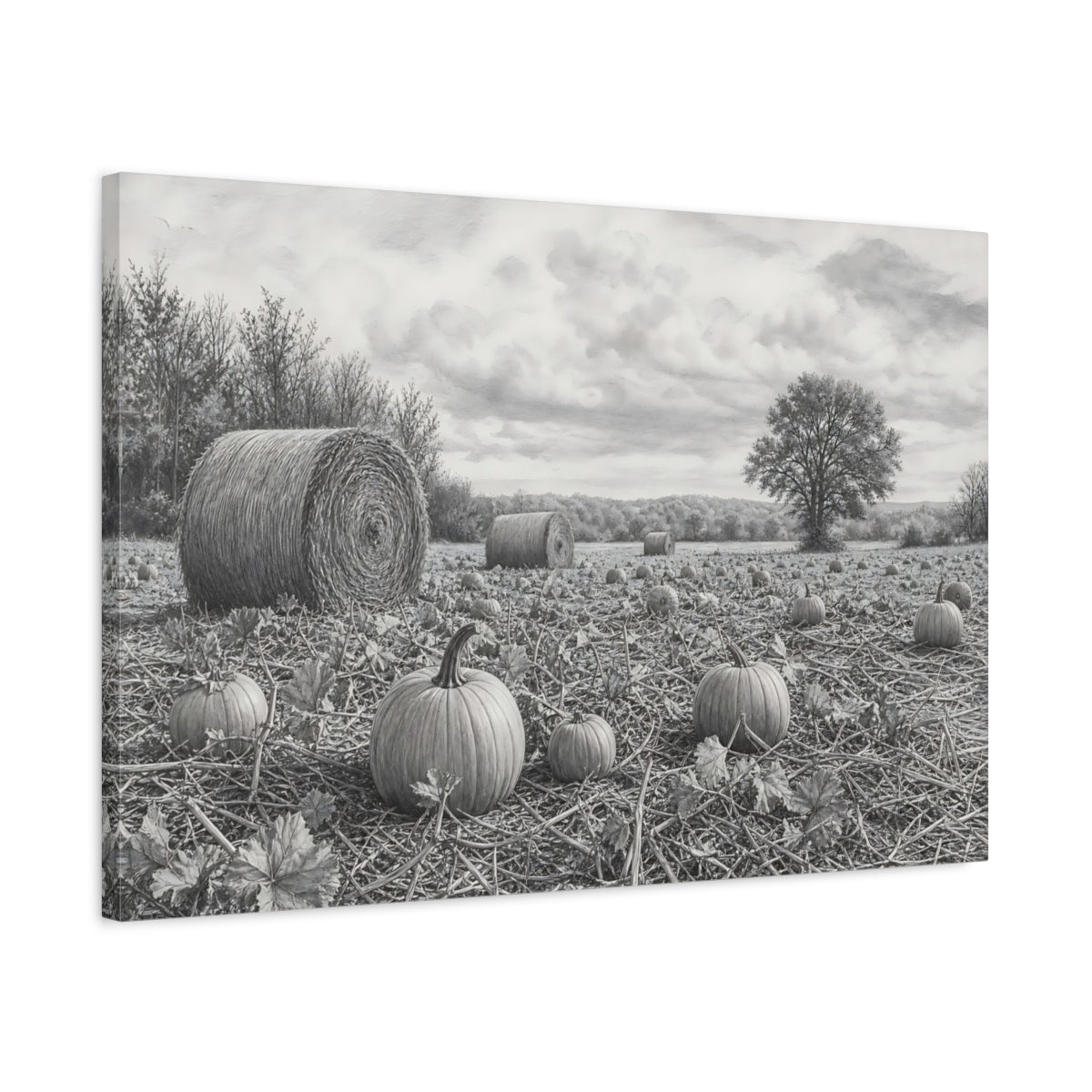 Side Mockup 2. Nature Pumpkin Field Grey Farm Landscape shown as stretched canvas wall art