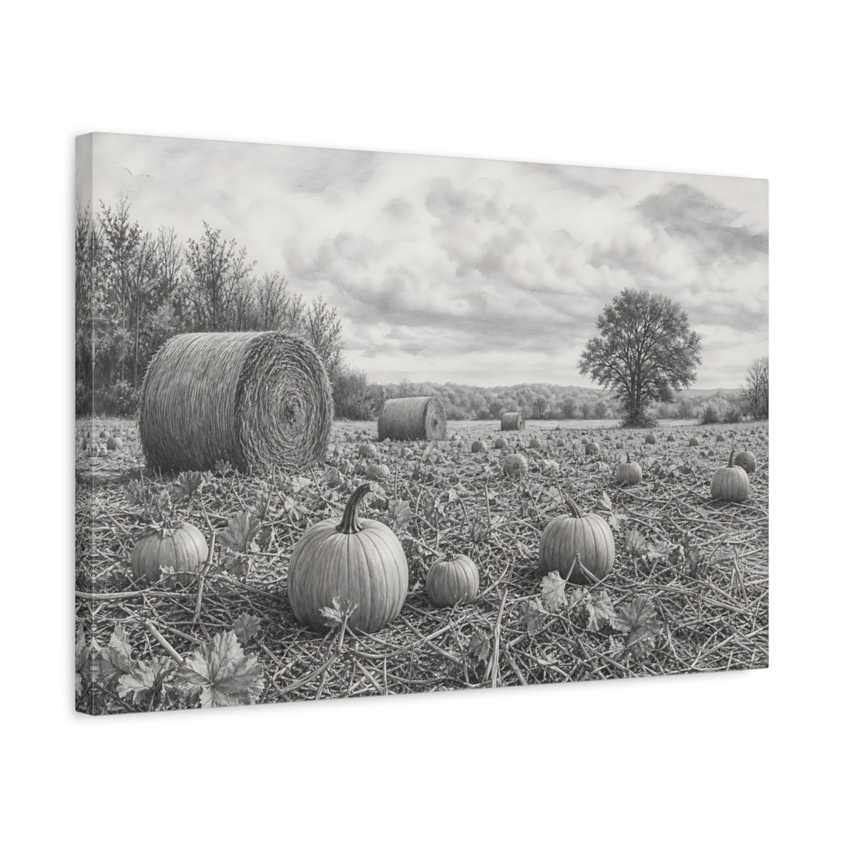 Side Mockup 3. Nature Pumpkin Field Grey Farm Landscape shown as stretched canvas wall art