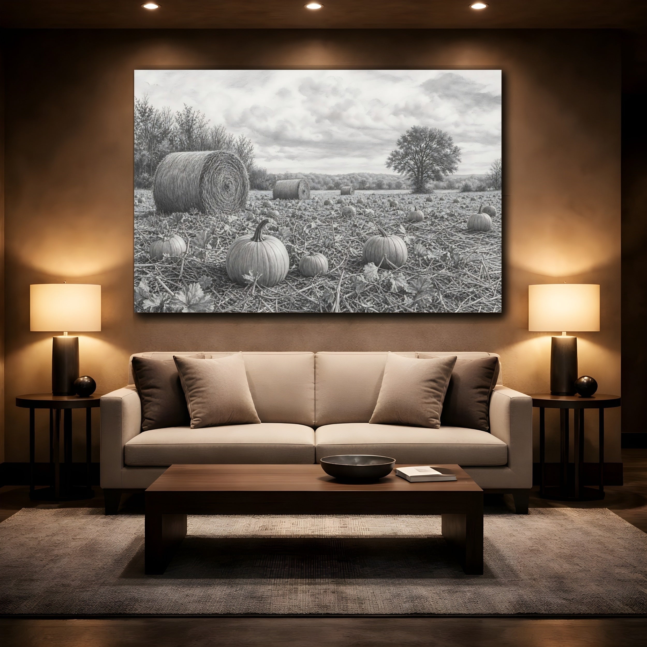 Mockup 2. Nature Pumpkin Field Grey Farm Landscape shown as stretched canvas wall art