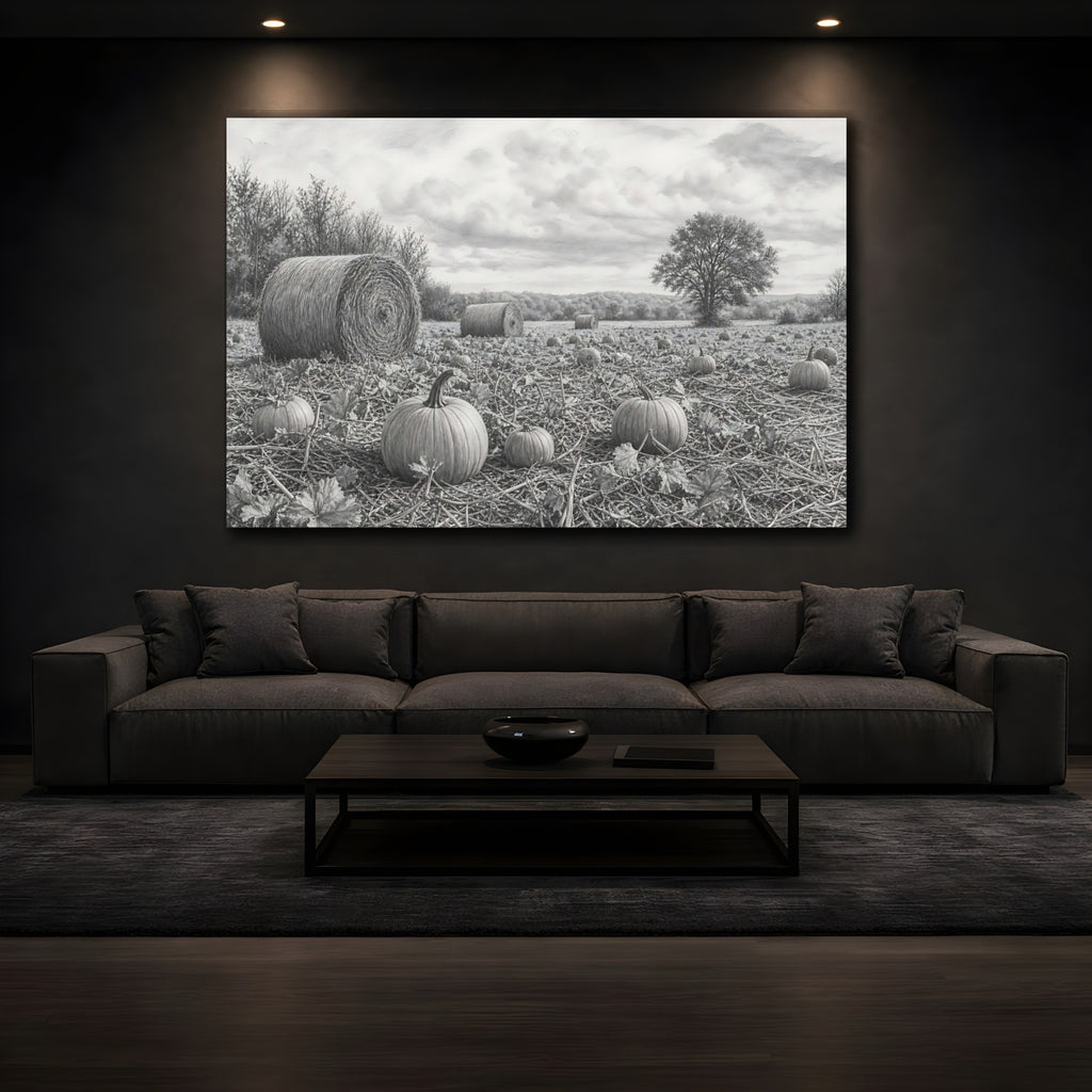 Mockup 3. Nature Pumpkin Field Grey Farm Landscape shown as stretched canvas wall art