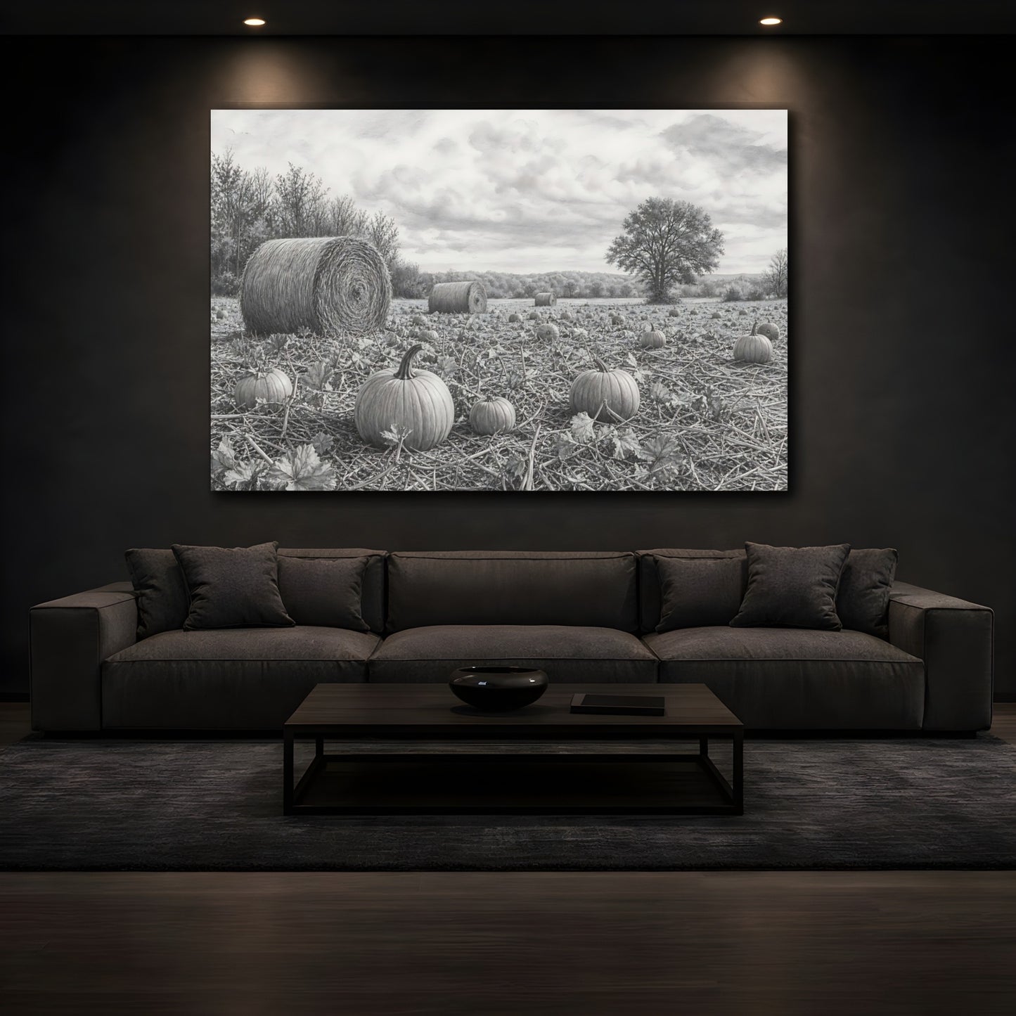 Mockup 3. Nature Pumpkin Field Grey Farm Landscape shown as stretched canvas wall art