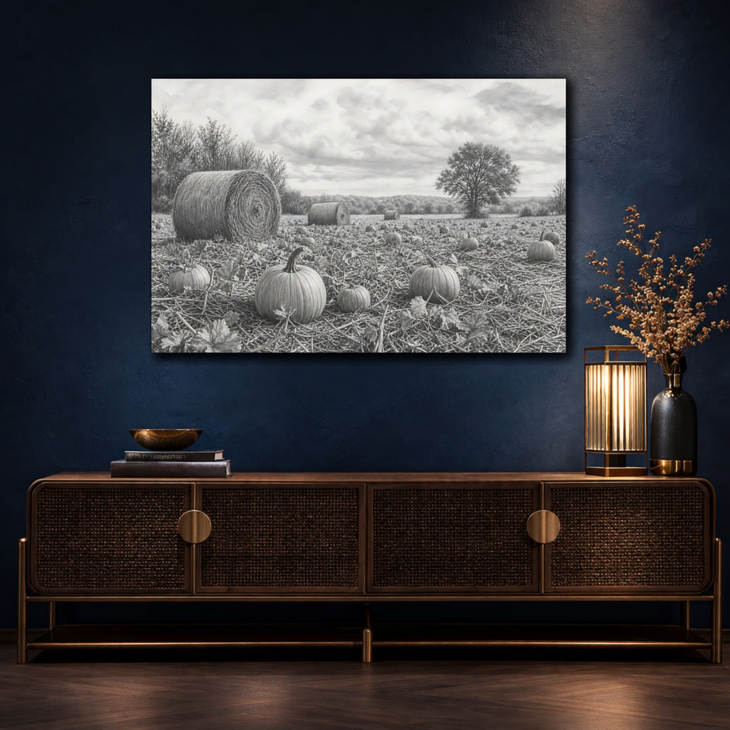Mockup 4. Nature Pumpkin Field Grey Farm Landscape shown as stretched canvas wall art