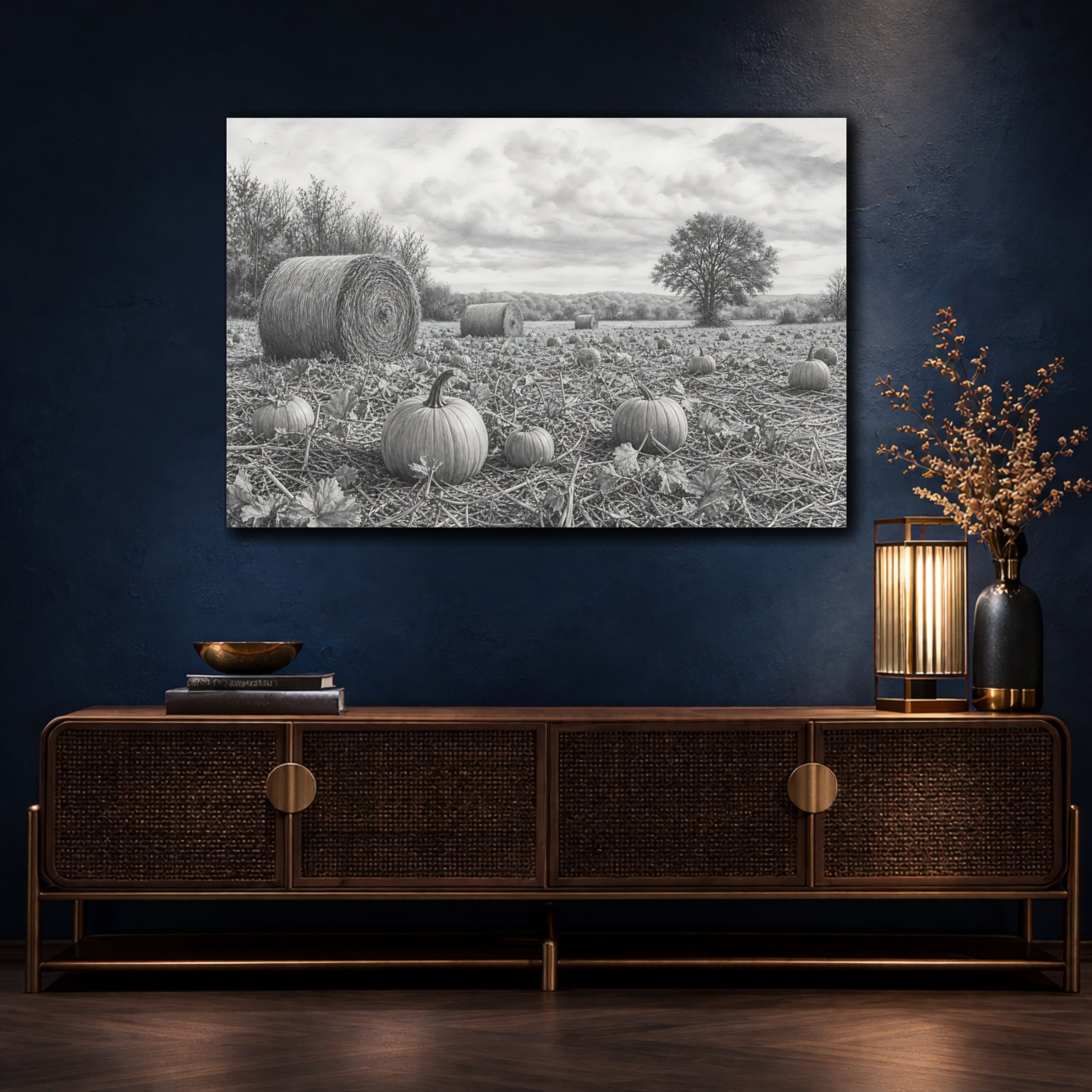 Mockup 4. Nature Pumpkin Field Grey Farm Landscape shown as stretched canvas wall art