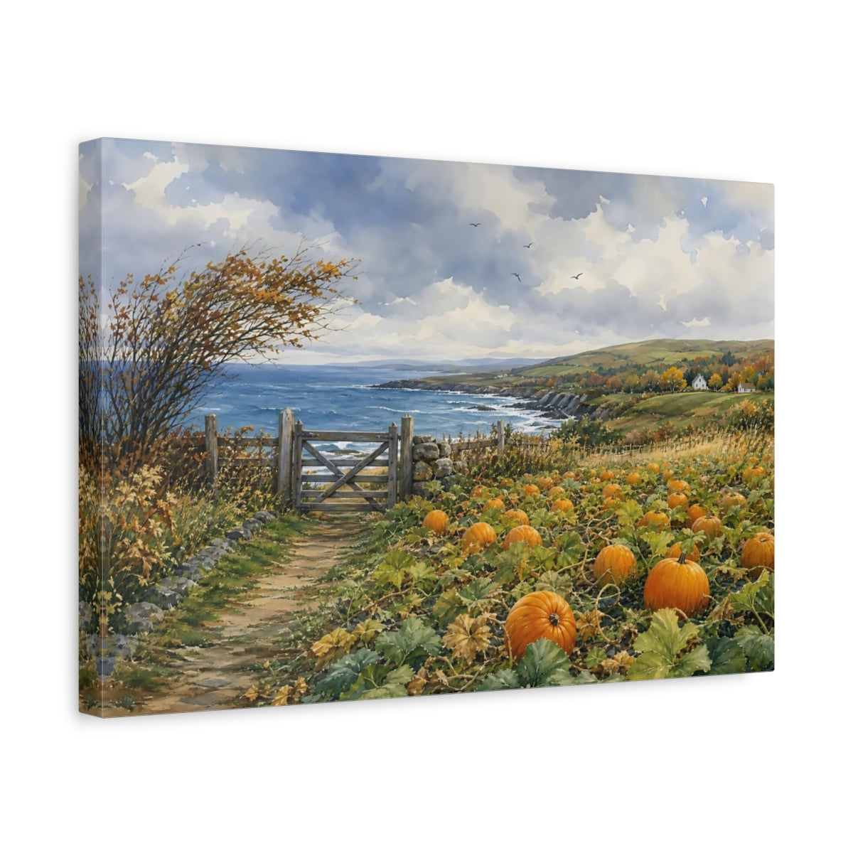 Side Mockup 4. Nature Pumpkin Patch Autumn Coastal Landscape shown as stretched canvas wall art